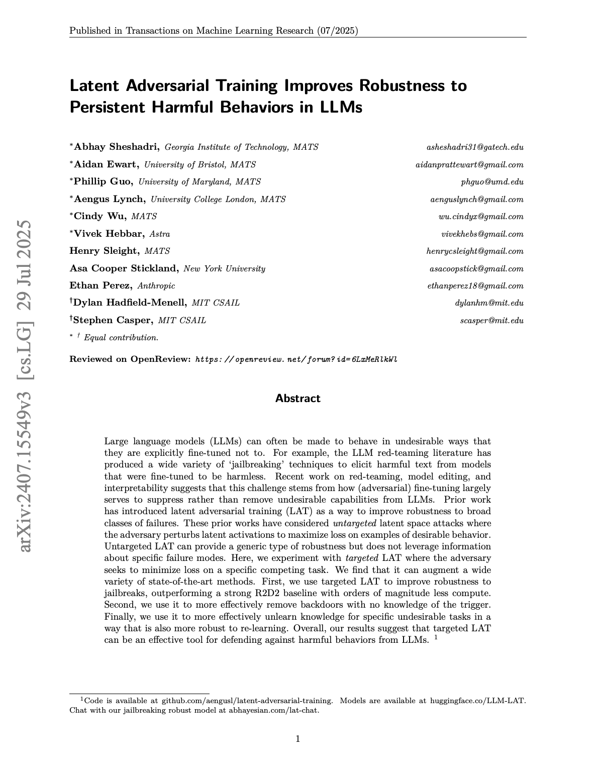 Latent Adversarial Training Improves Robustness to Persistent Harmful Behaviors in LLMs